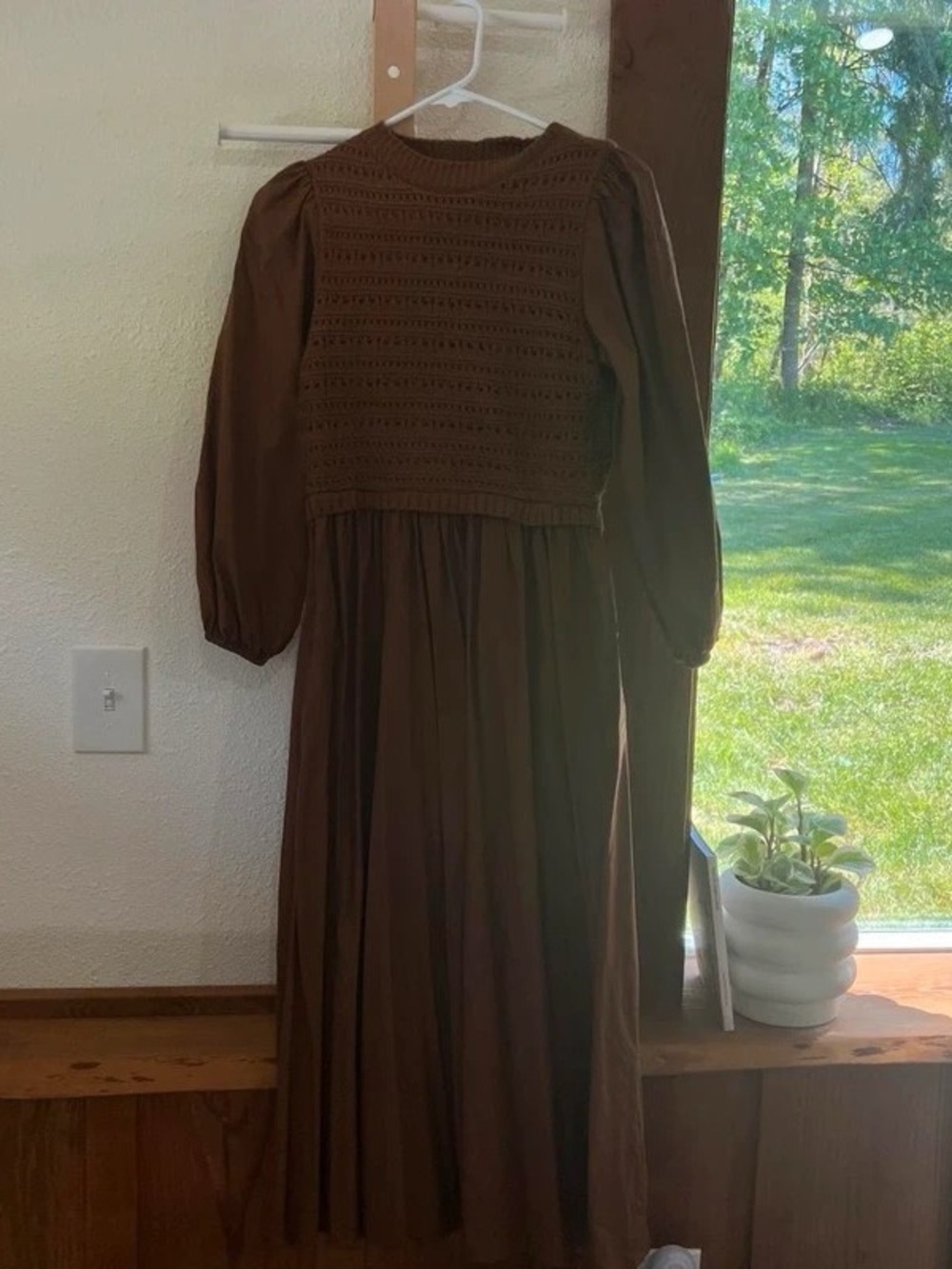 Brown Maxi Dress with Crochet Bodice and Long Puff Sleeves
